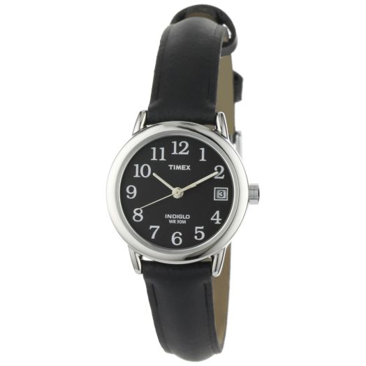 Timex Women's T2N525 Easy Reader Silver-Tone Brass Watch with Black Leather Band
