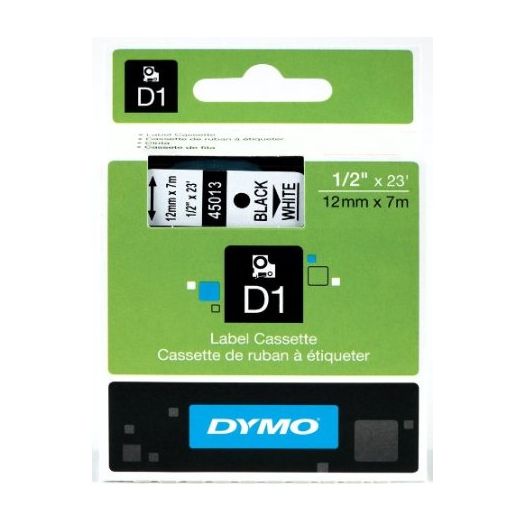 DYMO Labeling Tape, ½"  x 23', Black Print on White Tape (45013) D1 Label Cassette, Split Back Easy Peel Adhesive