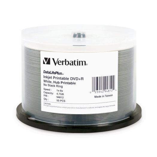 Verbatim DVD+R 4.7GB 8X DataLifePlus Inkjet Printable, Hub Printable 50 Disc Spindle, White 94812