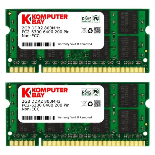 Komputerbay 4GB Kit (2GBx2) DDR2 800MHz (PC2-6400) CL6 SODIMM 200-Pin 1.8v Notebook Laptop Memory Modules with Lifetime Warranty