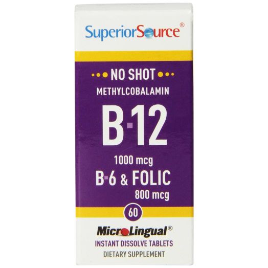 Superior Source No Shot Methylcobalamin Vitamin B12/B6/Folic Acid Tablets, 1000mcg/800 mcg, 60 Count