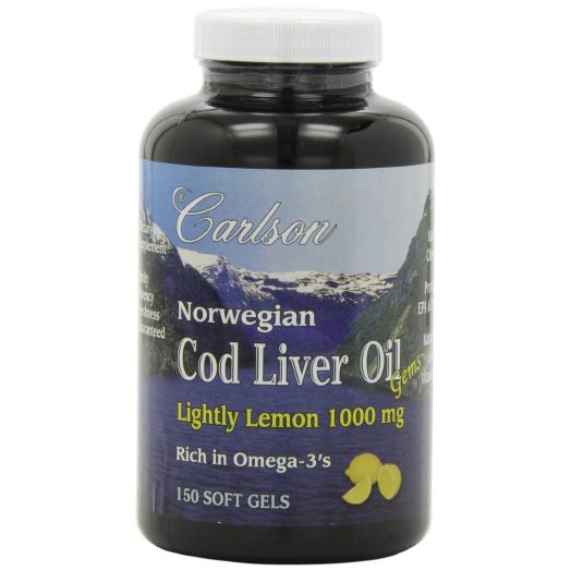 Carlson labs Norwegian Cod Liver Oil Lightly Lemon Gems Rich in Omega-3's 1000mg,150 soft gel