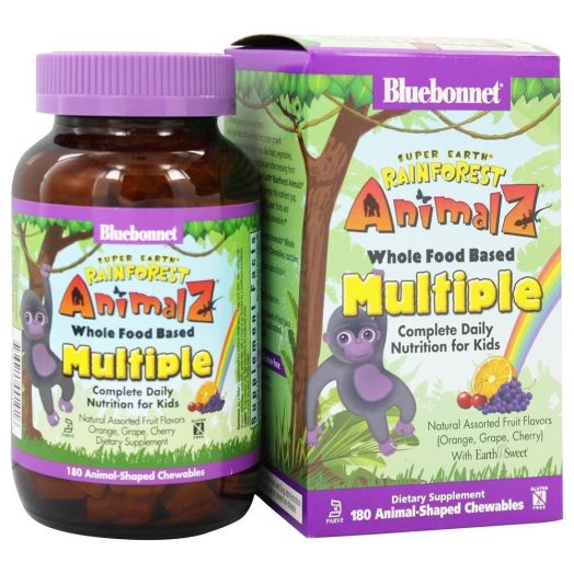 Super Earth Rainforest Animalz Whole Food Based Multiple - Orange, Grape, Cherry 180 ANIMAL-SHAPED CHEWABLES