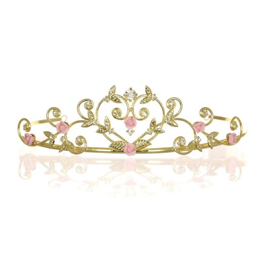 Rose Flower Rhinestone Crystal Wedding Tiara Crown - Pink Roses Gold Plating