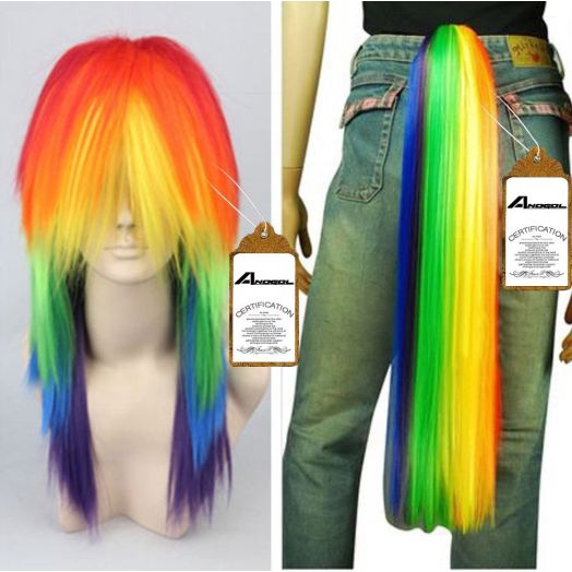 Free Hair Cap+ for Kids and Adults My Little Pony Rainbow Dash Cosplay Costume Wig Tail Ponytail Multi Color Synthetic Party Wig Tail Cosplay Convent