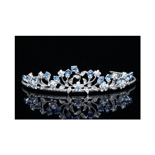 Floral Leaf Bridal Wedding Tiara Crown - Blue Crystals Silver Plating T662