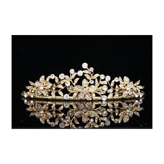 Flower Leaf Bridal Wedding Tiara Crown - Clear Crystals Gold Plating T656