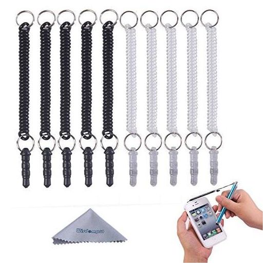 Stylus Tether, Wisdompro 10pcs Pack of Detachable Elastic Coil Tether Strings / Lanyards with 3.5mm earphone jack for Stylus Pens - Black / Clear