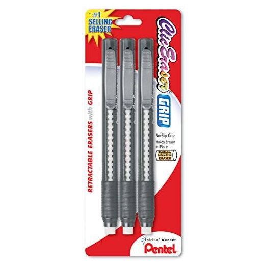 Pentel Clic Eraser Grip Retractable Eraser, Assorted Colors, 1 Pack of 3 (ZE21BP3-K6)