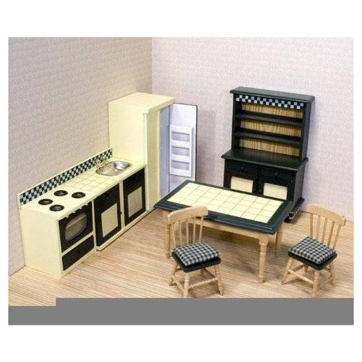 Melissa & Doug Classic Wooden Dollhouse Kitchen Furniture (7 pcs) - Buttery Yellow/Deep Green