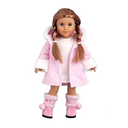 DreamWorld Collections Cotton Candy - Pink parka with hood, short ivory dress and pink boots - 18 Inch American Girl Doll Clothes