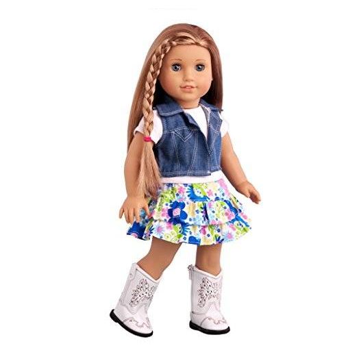 Feeling Happy - 4 piece outift -Colorful skirt with white t-shirt, blue jeans vest and white cowgirl boots - American Girl Doll Clothes