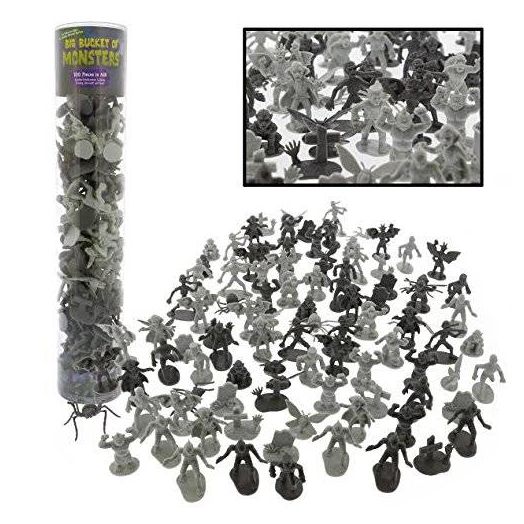 SCS Direct Monster Action Figure Bucket - Big Bucket of 100 Horror Toy Figures - From Dracula to Frankenstein to Giant Spiders