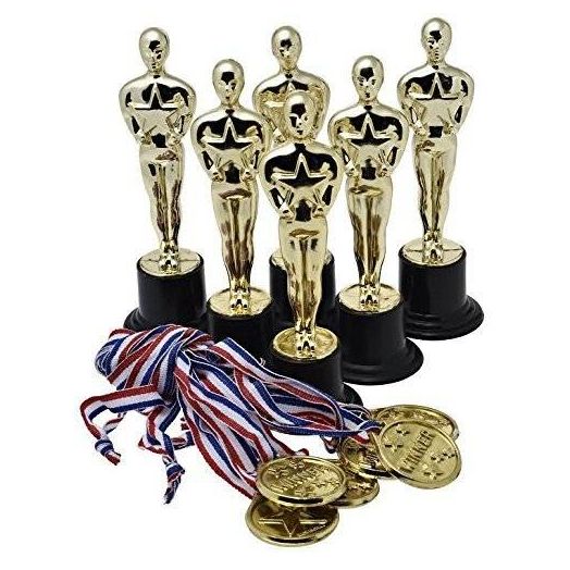 Prextex Gold 6'' Award Trophies (12 Pack) with 12 Gold Winner Medals for Ceremonies or Parties