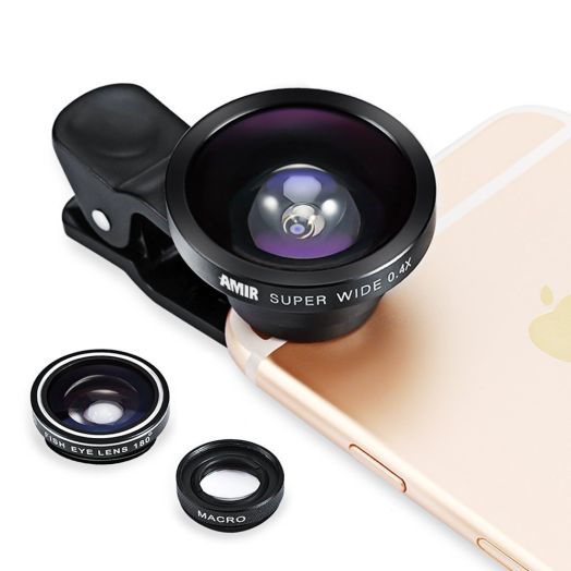 Amir 3 in 1 Fisheye Lens Plus Macro Lens Plus 0.4x Super Wide Angle Lens, Clip on Cell Phone Lens Camera Lens Kits for Iphone 6s, 6, 5s, Galaxy and Most Smartphones