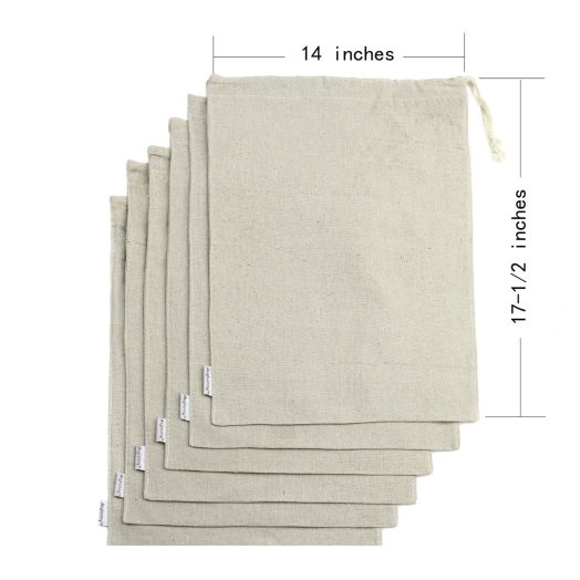 Augbunny Cotton/Linen Blend 14- by 17-1/2-inch Muslin Produce Bags with Drawstring, 6-Pack