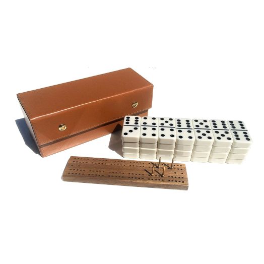 Alex Cramer Travel Domino Set With Caramel-Colored Leather Case, Professional Tournament Domino Set, 28 Indestructible Double-Six Dominoes