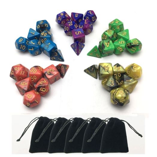 SmartDealsPro 5 x 7-Die Series Two Colors Dungeons and Dragons DND RPG MTG Table Games Dice with FREE Pouches