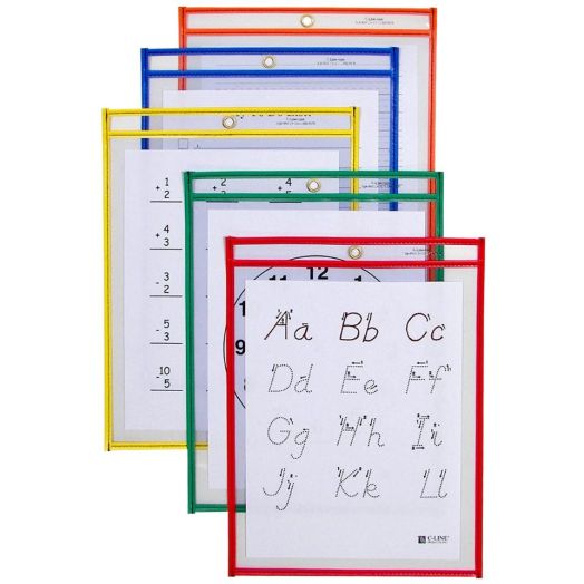 5-Piece Reusable Dry Erase Pockets 9X12, Assorted Primary Colors