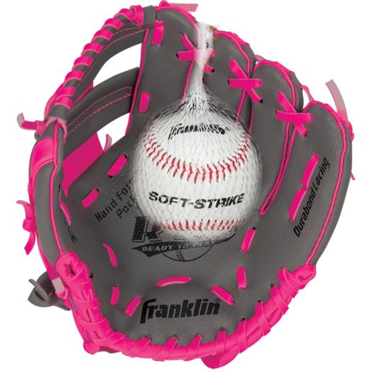 Franklin Sports RTP 9.5 Inch Right Handed Thrower Teeball Glove With Ball - Gray/Pink