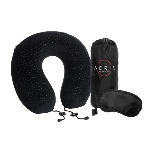 Aeris Memory Foam Travel Neck Pillow with Sleep Mask, Earplugs, Carry Bag, Adjustable Toggles and Velour Cover, Black