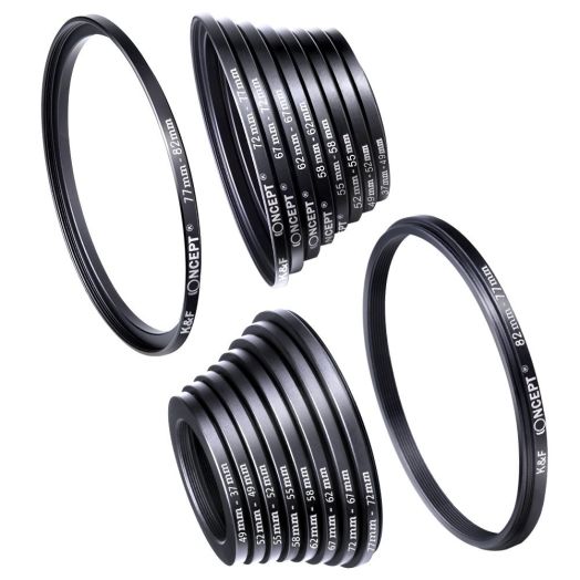 Filter Ring Adapter, KandF Concept 18pcs Camera Lens Filter Metal Stepping Rings kit (Includes 9pcs Step Up Ring Set + 9pcs Step Down Ring Set) Black