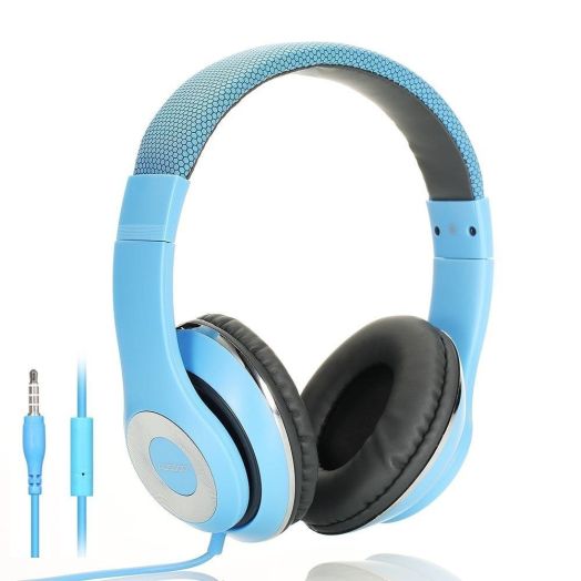 AUSDOM Lightweight Over-Ear Wired HiFi Stereo Headphones with Built-in Mic Comfortable Leather Earphones- Blue