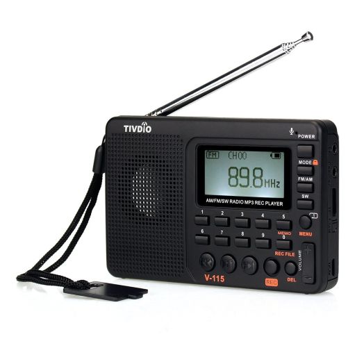 TIVDIO V-115 Portable Shortwave Transistor Radio AM/FM Stereo with MP3 Player Recorder Support T-Flash Card and Sleep Timer (Black)