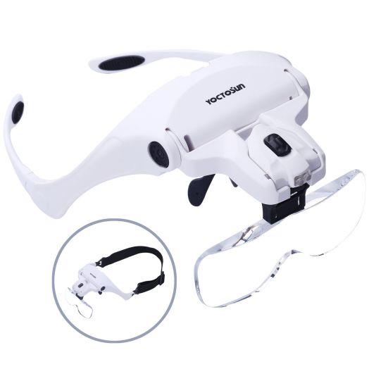 Yoctosun Head Mount Magnifier with 2 LED Professional Jeweler's Loupe Light Bracket and Headband are Interchangeable 5 Replaceable Lenses: 1.0X, 1.5X, 2.0X, 2.5X, 3.5X (Upgraded Version)