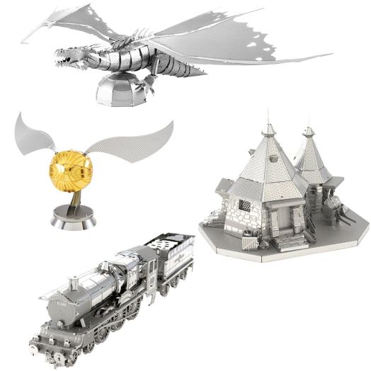 Fascinations Metal Earth 3D Metal Model Kits - Harry Potter Set of 4 - Hogwarts Express Train, Hagrid's Hut, Golden Snitch, Gringotts Dragon