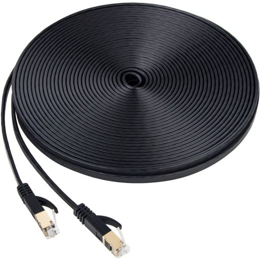 Cat7 Ethernet Cable, 50 FT High Speed 10 Gigabit Shielded Flat Network Wire with Gold-Plated RJ45 Connectors and Cord Clips for Computer Switch, Hub, PC, IP Cameras, Modem, Router - 15 Meters Black