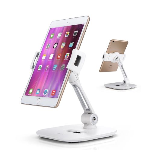AboveTEK Stylish Aluminum Tablet Stand, Cell Phone Stand, Folding 360° Swivel iPad iPhone Desk Mount Holder fits 4-11” Tablets/Smartphones for Kitchen Bedside Office Table POS Kiosk Reception Showroom