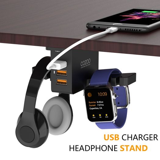 Headphone Stand with USB Charger COZOO Under Desk Headset Holder Mount with 3 port USB Charging Station and Apple Watch Stand Smart Watch Charging Dock Dual Earphone Hanger Hook for All Headphones