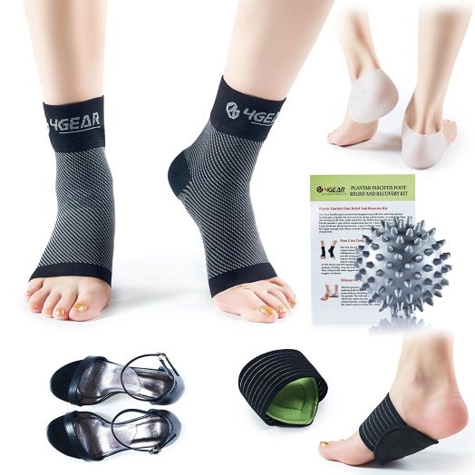 Plantar Fasciitis Relief and Recovery Kit - Pack of 9- Foot Care Compression Sleeves, Silicone Heel Protectors, Massage Ball, Cushioned Arch Supports and Inserts –Pain Relief and Increase Circulation