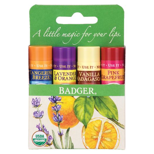 Badger Classic Lip Balm Sticks Tangerine, Lavender Orange, Vanilla, Grapefruit