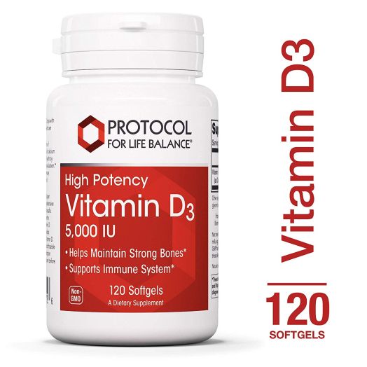 Protocol For Life Balance - Vitamin D3 5,000 IU - High Potency - Supports Calcium Absorption, Bone and Dental Health, Immune System Function, Nervous System, and Cognitive Function - 120 Softgels