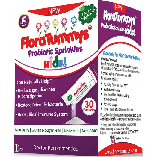 FloraTummys Probiotic Sprinkles for Kids: 30 Taste-Free, Powder Packets, Free of Food Allergies, Non-Dairy, Gluten and Sugar-Free, Non-GMO, Vegan. 5 Billion CFU, B. Lactis, L. Acidophilus,