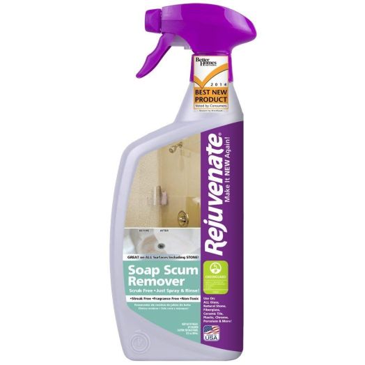 Rejuvenate Scrub Free Soap Scum Remover Non-Toxic Non-Abrasive Cleaning Formula - Spray and Rinse for Streak Free Finish on Glass, Ceramic Tile, Chrome, Plastic and More  24 Ounce