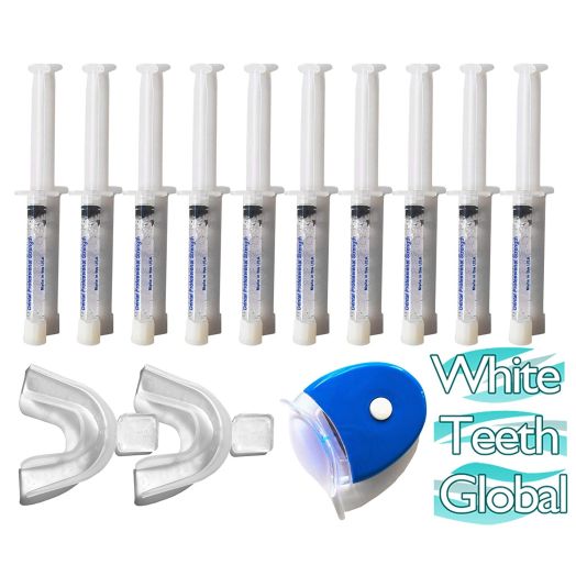 White Teeth Global 44% Carbamide Peroxide 10 Syringes of Teeth Whitening Gel - (1) LED Accelerator Light - (2) Trays - (1) Shade Guide - (1) Instructions Sheet - Best At Home Teeth Whitening Products