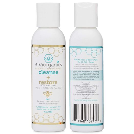 Era Organics Natural Moisturizing Face Wash - Gentle Sulfate Free Facial Cleanser and Body Wash with Organic Aloe Vera and Manuka Honey for Dry, Oily, Damaged, Sensitive Skin. Ph Balanced, Non Toxic (4oz)