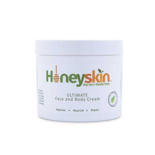 Honeyskin Organics Aloe Vera + Manuka Honey Face and Body Cream for Rosacea, Eczema, Psoriasis, Rashes, Itchiness, Redness with raw Superfoods, 4 oz.