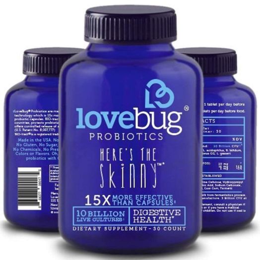 LoveBug Probiotics Digestive Health Probiotic - Here's the Skinny, 30 Day Supply of Tablets - 15x More Effective than Probiotic Capsules with Patented Delivery Technology - Probiotic Supplement