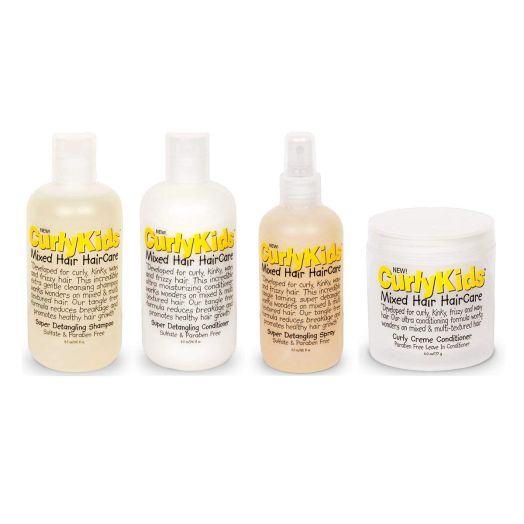 CurlyKids Mixed Hair HairCare Set Super Detangling Shampoo 8.0 Ounce, Conditioner 8.0 Ounce, Spray 6.0 Ounce, Curly Crme Conditioner 6.0 Ounce - 4-Pack