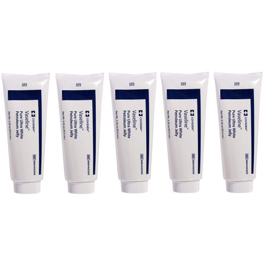 5 Pack Medical Grade  Vaseline Pure Ultra White Petroleum Jelly, 3.25 oz (97.5 mL) Tubes ONLY by Kendall/Covidien