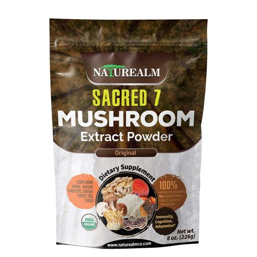 SACRED 7 Organic Mushroom Extract Powder - Reishi, Maitake, Cordyceps, Shiitake, Lion's Mane, Turkey Tail, Chaga - 226g - Supplement - Add to Coffee/Shakes/Smoothies (Original)