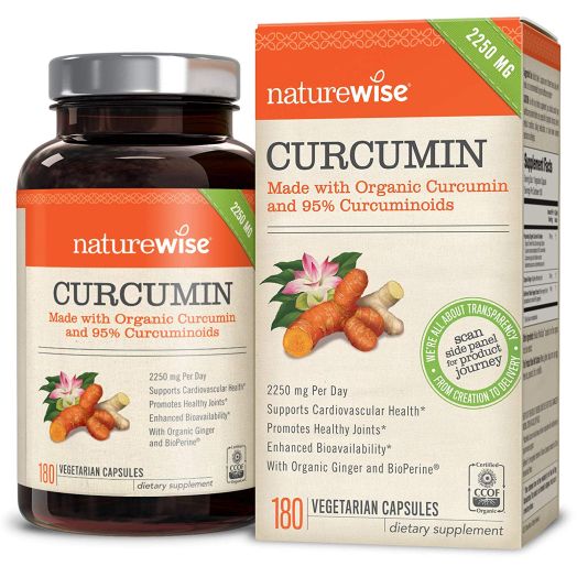 NatureWise Organic Curcumin Turmeric with 95% Curcuminoids, 2250mg Max Serving Per Day From Three 750mg Capsules, High Absorption BioPerine Black Pepper for Inflammation and Joint Support, 180 Caps