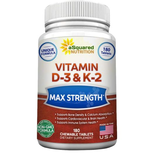 Vitamin D3 with K2 Supplement - 180 Chewable Tablets, Max Strength D-3 Cholecalciferol and K-2 MK7 to Support Healthy Bones, Teeth, Heart - Antioxidant D 3 and K 2 MK-7 Energy Formula for Men and Women