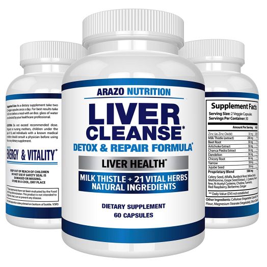 Liver Cleanse Detox and Repair Formula 22 Herbs Support Supplement: Milk thistle Extracts Silymarin, Beet, Artichoke, Dandelion, Chicory Root Arazo Nutrition USA