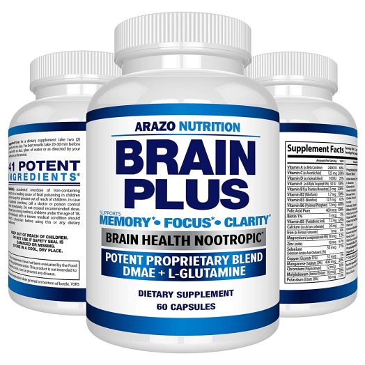 Premium Brain Function Supplement Memory, Focus, Clarity Nootropic Booster with DMAE, Bacopa Monnieri, L-Glutamine, Multi Vitamins, Multi Minerals - Arazo Nutrition