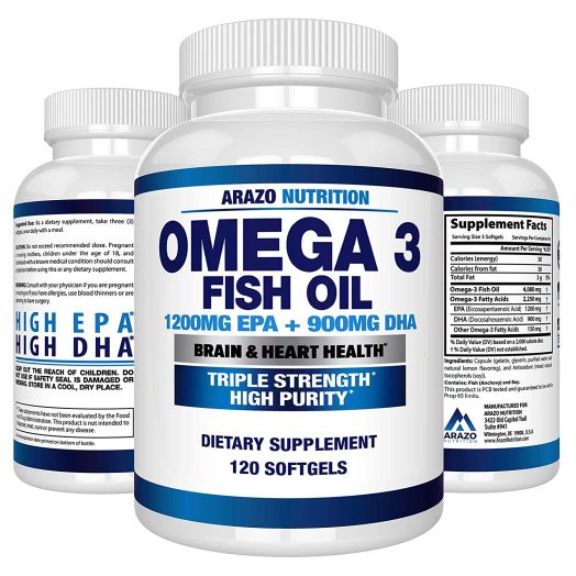 Omega 3 Fish Oil 2250mg | HIGH EPA 1200MG + DHA 900MG Triple Strength Burpless Capsules | Arazo Nutrition (120 Count)